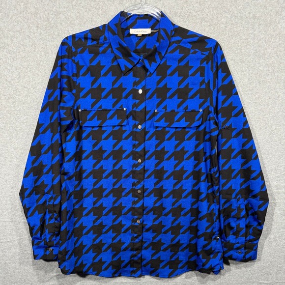 Calvin Klein Shirt Womens Small Button-Up Houndstooth Long‎ Sleeve Blue Black - Picture 1 of 12